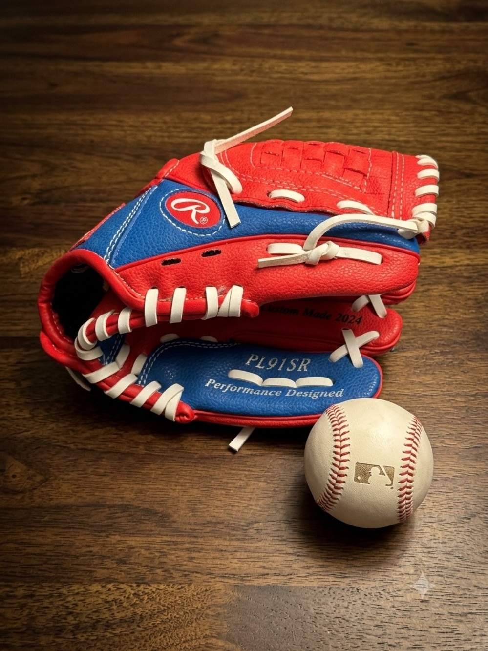 Rawlings Red, Blue & White Leather Baseball Glove